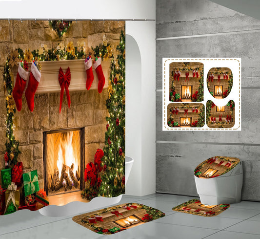 Merry Christmas Shower Curtain Bathroom Rug Set Bath Mat Non-Slip Toilet Lid Cover-Shower Curtain-180×180cm Shower Curtain Only-1-Free Shipping at meselling99