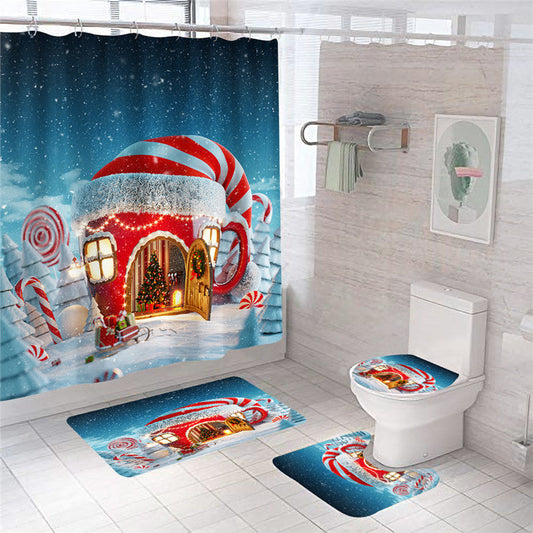 Christmas Style Shower Curtain Bathroom Rug Set Bath Mat Non-Slip Toilet Lid Cover-Shower Curtain-Shower Curtain+3Pcs Mat-Free Shipping at meselling99