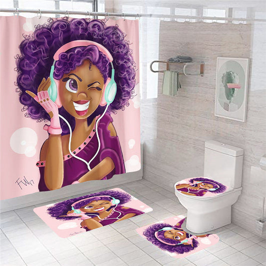 African Girl Shower Curtain Bathroom Rug Set Bath Mat Non-Slip Toilet Lid Cover-Shower Curtain-Shower Curtain+3Pcs Mat-Free Shipping at meselling99
