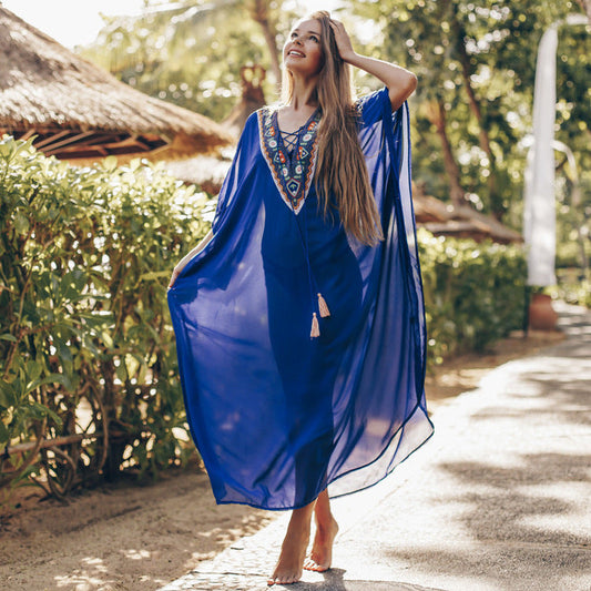 Blue Half Sleeve Kaftans Chiffon Dresses-STYLEGOING
