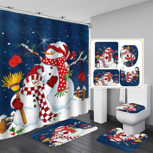 Merry Christmas Snowman Shower Curtain Bathroom Rug Set Bath Mat Non-Slip Toilet Lid Cover-Shower Curtain-180×180cm Shower Curtain Only-2-Free Shipping at meselling99