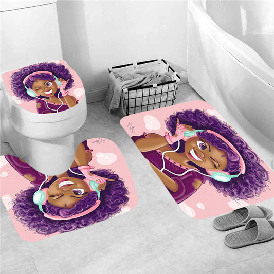 African Girl Shower Curtain Bathroom Rug Set Bath Mat Non-Slip Toilet Lid Cover-Shower Curtain-3Pcs Mat Set Only-Free Shipping at meselling99