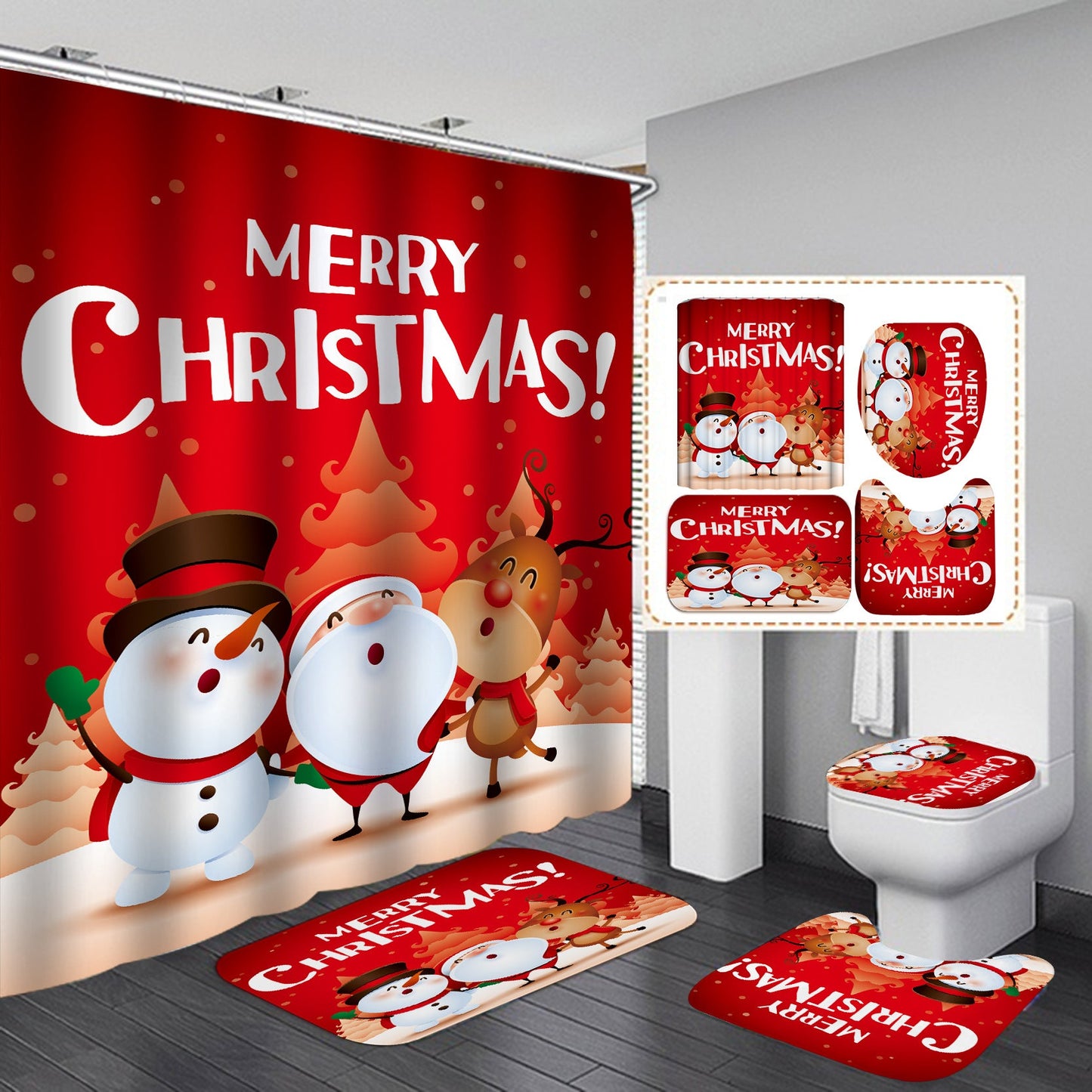 Merry Christmas Snowman Shower Curtain Bathroom Rug Set Bath Mat Non-Slip Toilet Lid Cover-Shower Curtain-180×180cm Shower Curtain Only-4-Free Shipping at meselling99