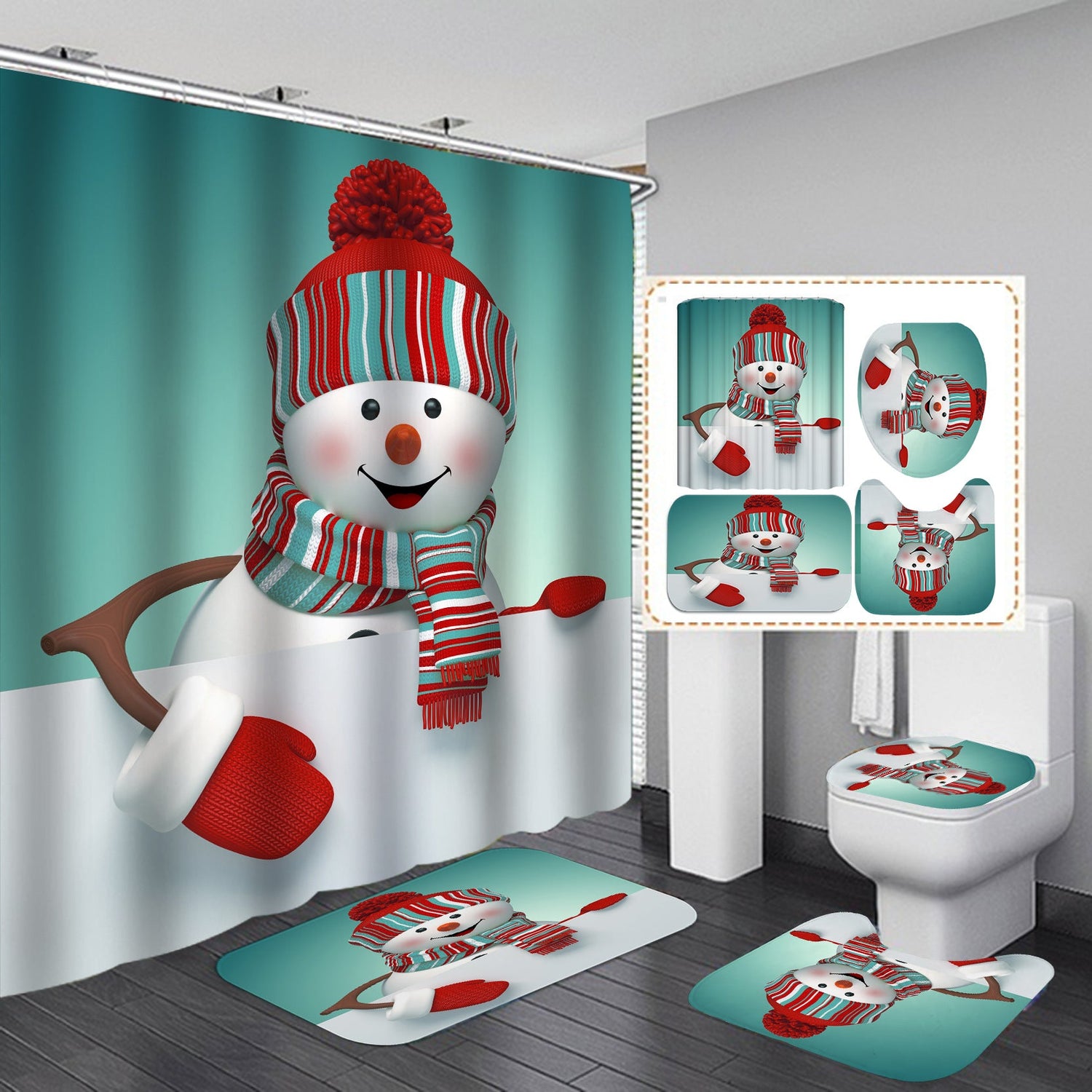 Merry Christmas Snowman Shower Curtain Bathroom Rug Set Bath Mat Non-Slip Toilet Lid Cover-Shower Curtain-180×180cm Shower Curtain Only-3-Free Shipping at meselling99