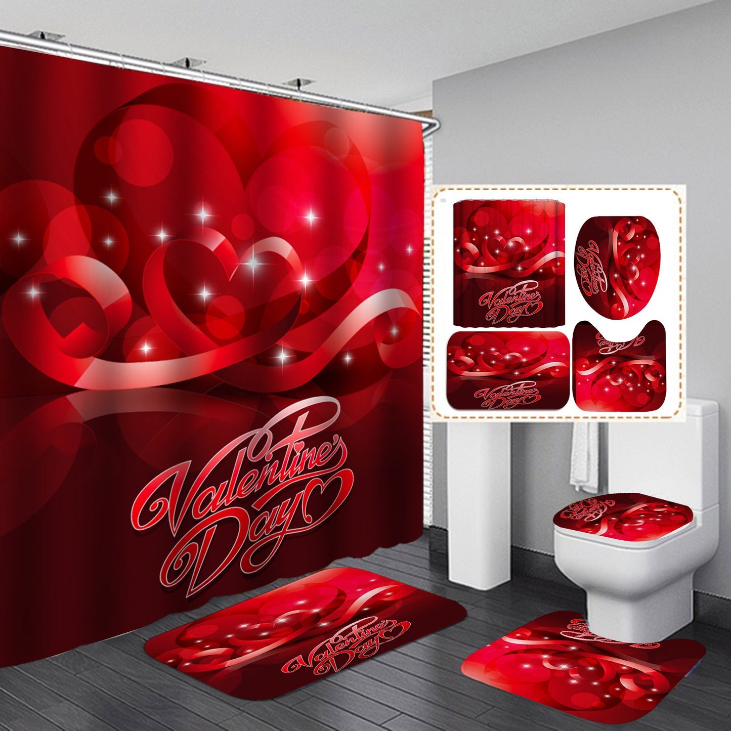 Valentine's Day Shower Curtain Bathroom Rug Set Bath Mat Non-Slip Toilet Lid Cover-Shower Curtain-180×180cm Shower Curtain Only-5-Free Shipping at meselling99