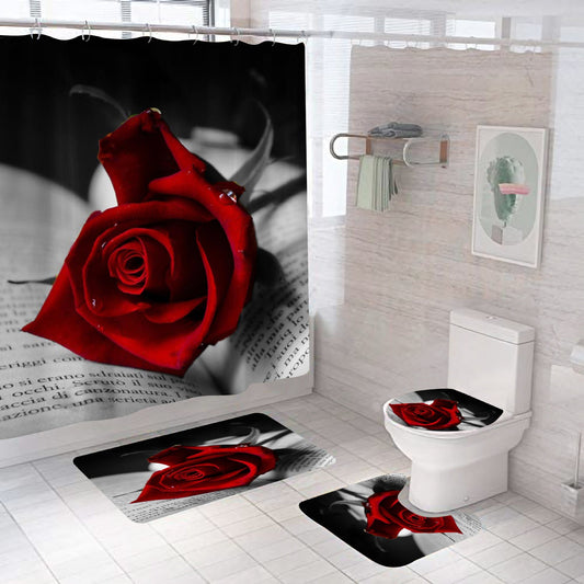 Rose Red Valentine's Day Bathroom Shower Curtain Sets with Rug-Shower Curtains-Shower Curtain+3Pcs Mat-Style1-Free Shipping at meselling99