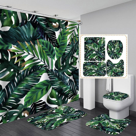 3D Palm Tree Shower Curtain Set Bathroom Rug Bath Mat Non-Slip Toilet Lid Cover-Shower Curtains-B-Shower Curtain+3Pcs Mat-Free Shipping at meselling99