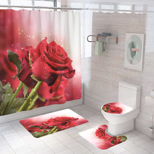 Rose Red Valentine's Day Bathroom Shower Curtain Sets with Rug-Shower Curtains-Shower Curtain+3Pcs Mat-Style2-Free Shipping at meselling99