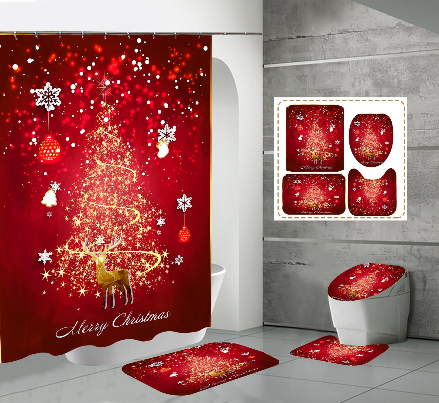 Christmas Shower Curtain Bathroom Rug Set Bath Mat Non-Slip Toilet Lid Cover-Shower Curtain-180×180cm Shower Curtain Only-3-Free Shipping at meselling99