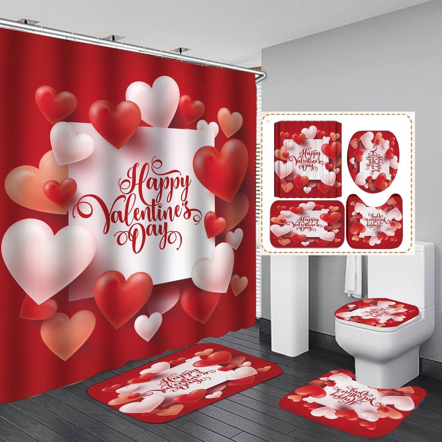 Valentine's Day Heart Shower Curtain Bathroom Rug Set Bath Mat Non-Slip Toilet Lid Cover-Shower Curtain-180×180cm Shower Curtain Only-5-Free Shipping at meselling99