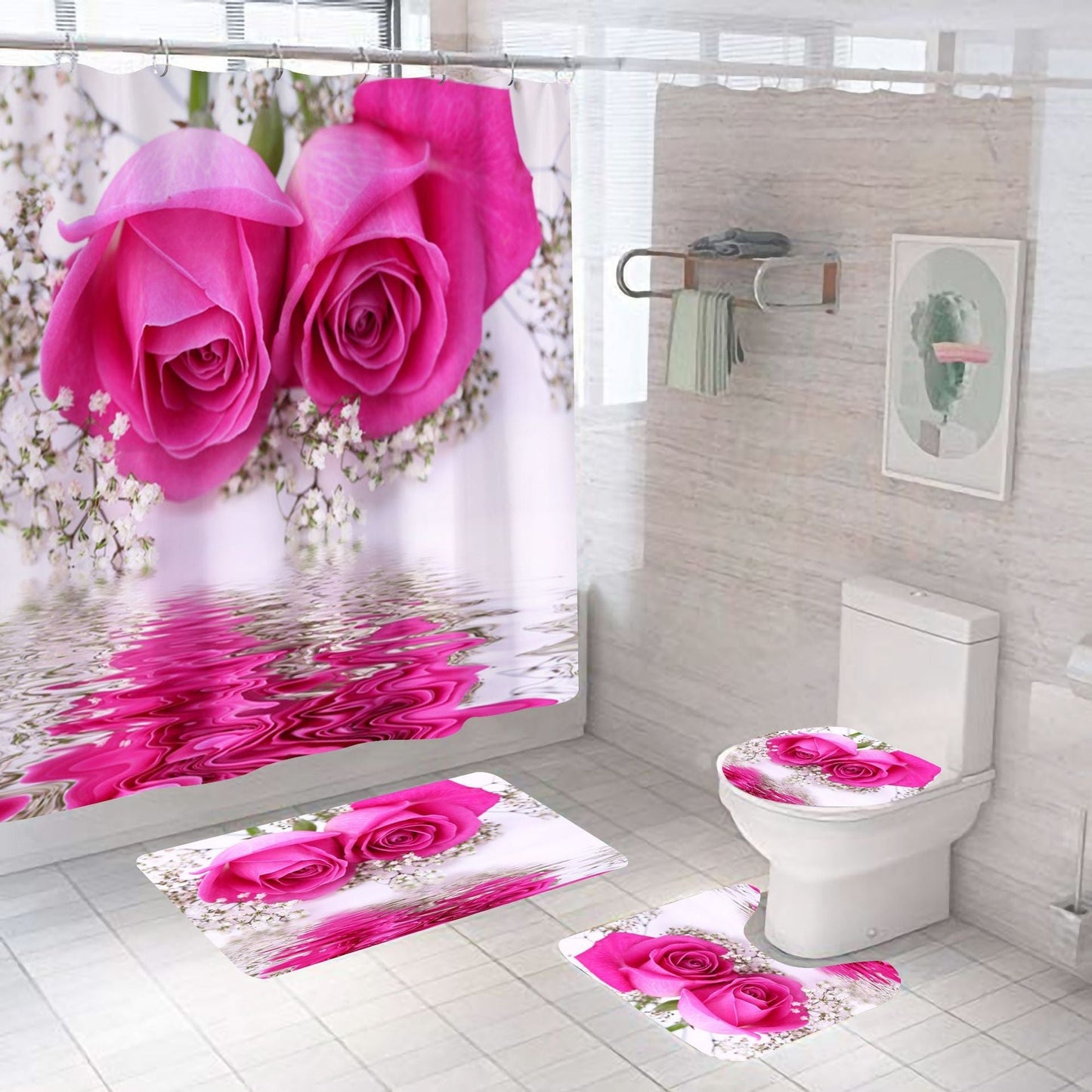 Rose Red Valentine's Day Bathroom Shower Curtain Sets with Rug-Shower Curtains-Shower Curtain+3Pcs Mat-Style3-Free Shipping at meselling99