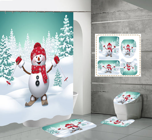 Christmas Snowman Shower Curtain Bathroom Rug Set Bath Mat Non-Slip Toilet Lid Cover-Shower Curtain-180×180cm Shower Curtain Only-1-Free Shipping at meselling99