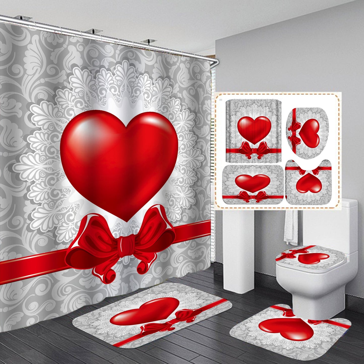 Valentine's Day Heart Shower Curtain Bathroom Rug Set Bath Mat Non-Slip Toilet Lid Cover-Shower Curtain-180×180cm Shower Curtain Only-3-Free Shipping at meselling99