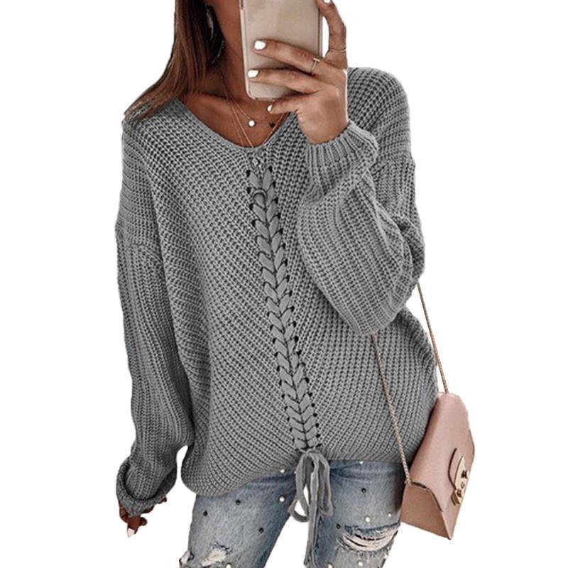 Women V-neck Loose Knitting Sweaters-STYLEGOING