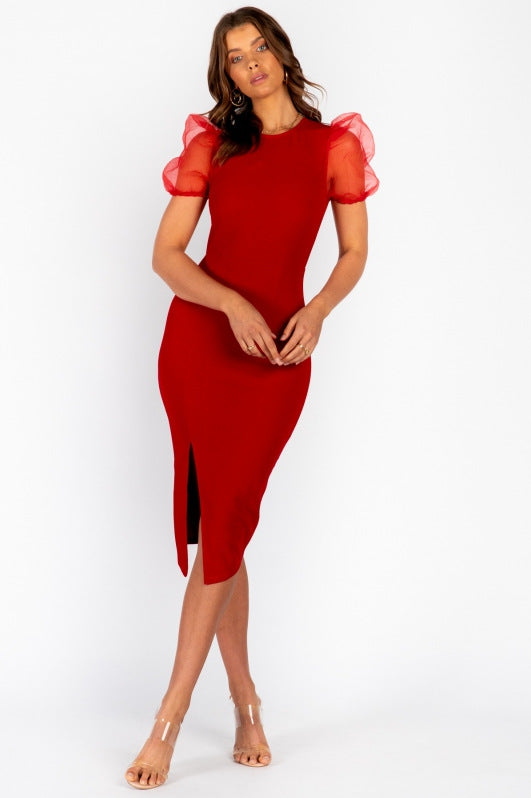 Red Sexy Short Sleeves Bodycon Midi Length Dresses