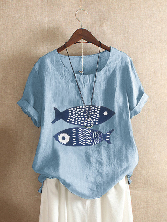 Women Fish Print Short Sleeves Linen Casual T Shirts