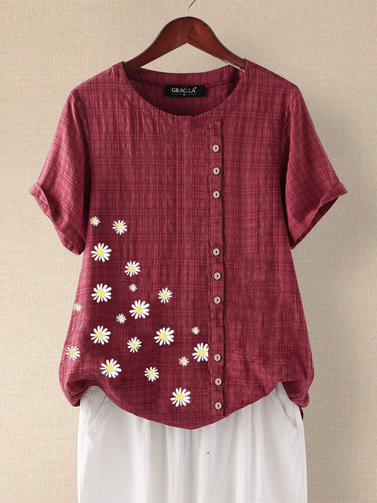 Vintage Linen Short Sleeves Summer T Shirts for Women