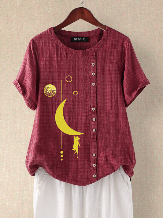 Vintage Moon Print Linen Short Sleeves  T Shirts