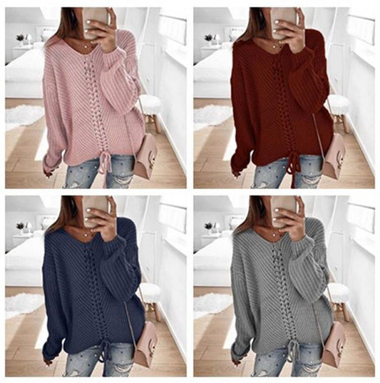 Women V-neck Loose Knitting Sweaters-STYLEGOING