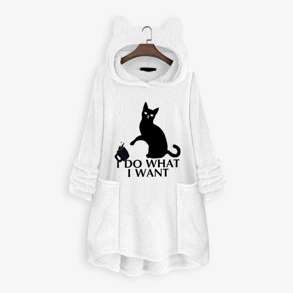 Casual Embroidery Cat Designed Loose Hoodies for Women