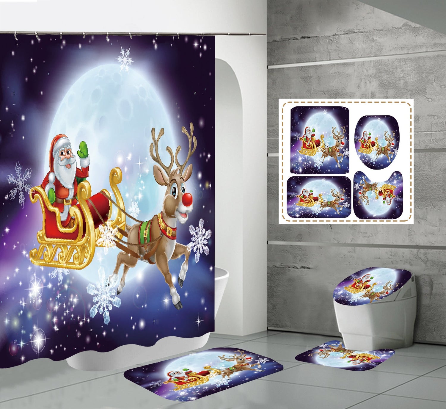 Christmas Snowman Shower Curtain Bathroom Rug Set Bath Mat Non-Slip Toilet Lid Cover-Shower Curtain-180×180cm Shower Curtain Only-4-Free Shipping at meselling99