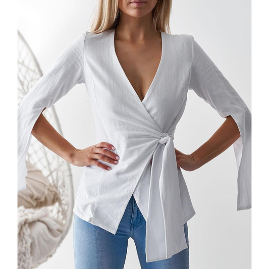 Women V Neck Long Sleeves Designed Shirts-STYLEGOING