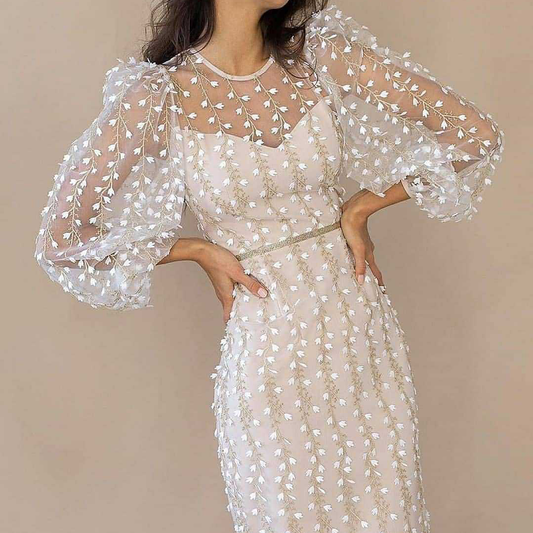 Classy See Through Embroidery Midi Dresses-STYLEGOING