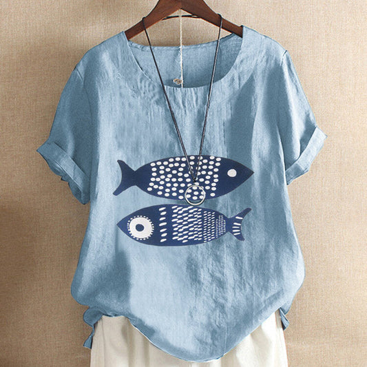 Women Fish Print Short Sleeves Linen Casual T Shirts