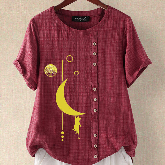 Vintage Moon Print Linen Short Sleeves  T Shirts