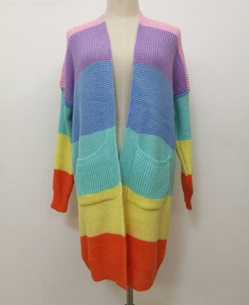 Women Rainbow Color Knitting Cardigan Sweaters