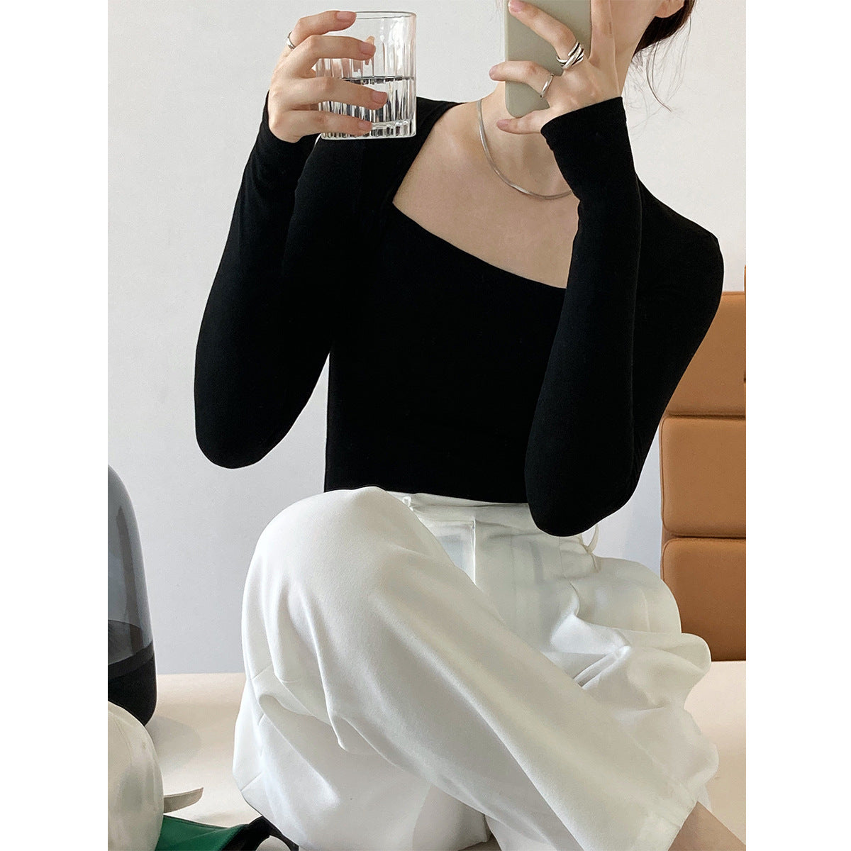 Women Sexy Square Neckline Long Sleeves T Shirts