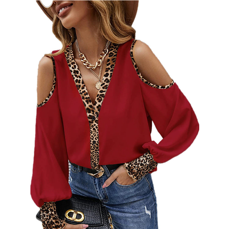 Casual Leopard V Neck Long Sleeves Women T Shirts
