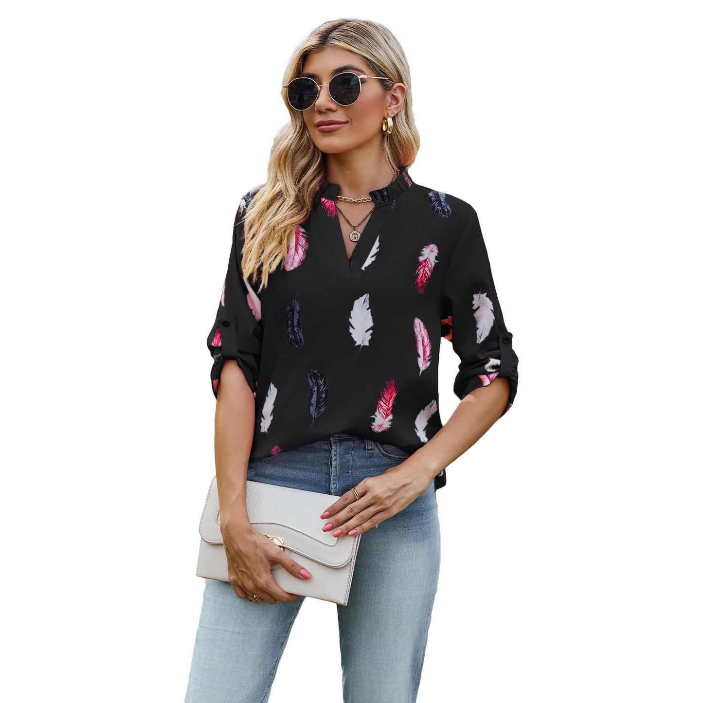Casual Summer Feather Print 3/4 Sleeves Shirts