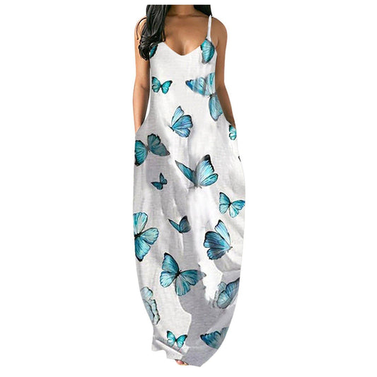 Women Butterfly Print Long Maxi Dresses-STYLEGOING