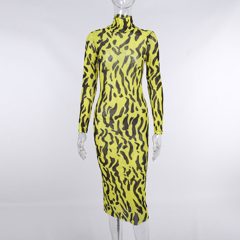 Sexy High Neck Yellow Leopard Long Sleeves Women Dresses