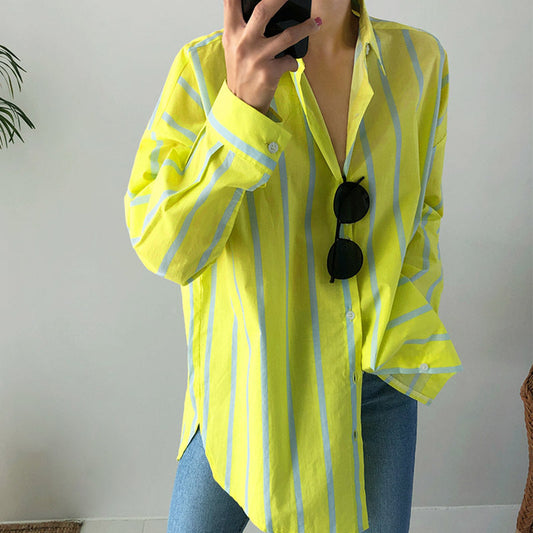 Casual Yellow Striped Long Sleeves Shirts