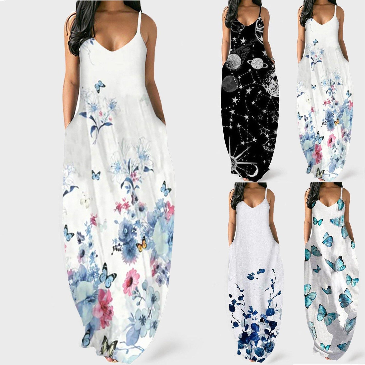 Women Butterfly Print Long Maxi Dresses-STYLEGOING