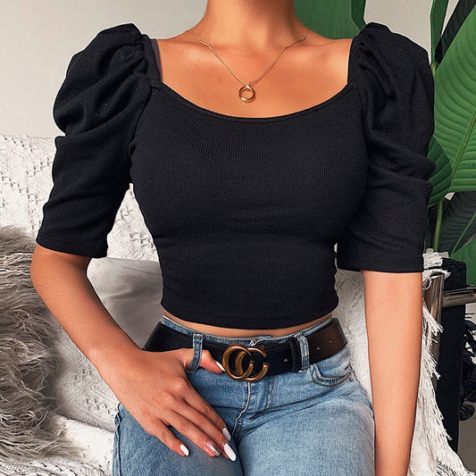 Sexy Square Neckline Short Sleeves Midriff Baring Tops