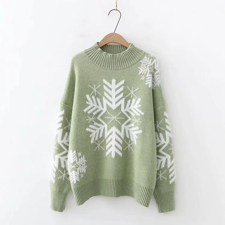 Christmas Snowflake High Neck Knitting Women Sweaters-Green-One Size-Free Shipping at meselling99
