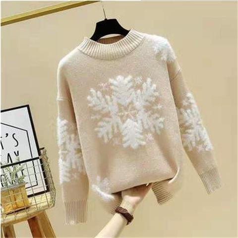 Christmas Snowflake High Neck Knitting Women Sweaters-Khaki-One Size-Free Shipping at meselling99