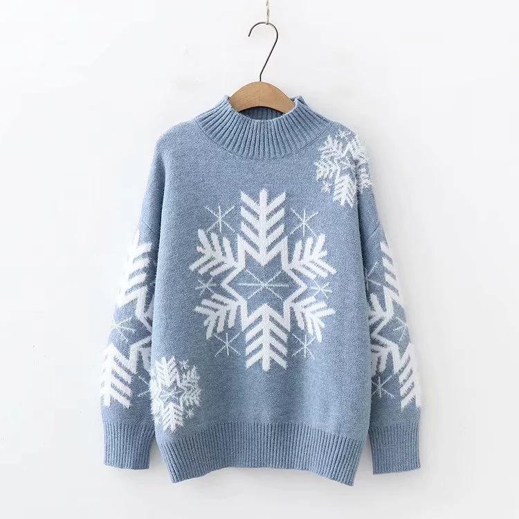 Christmas Snowflake High Neck Knitting Women Sweaters-Blue-One Size-Free Shipping at meselling99