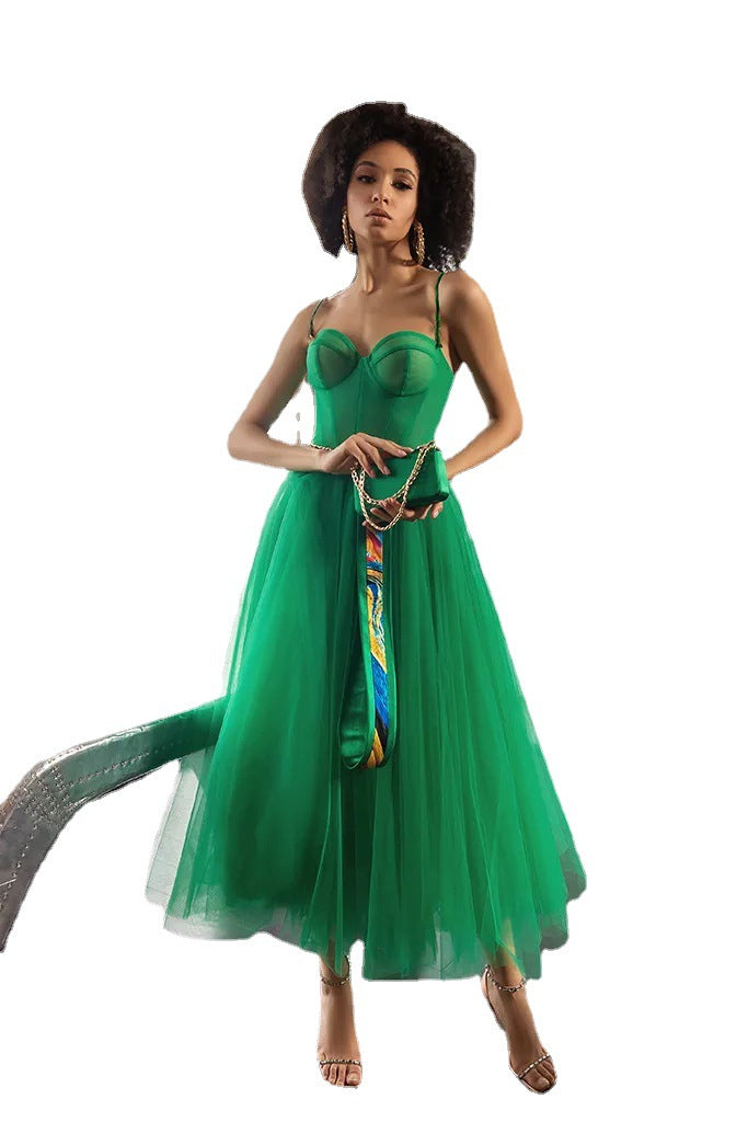 Green Tulle Shoulder Straps Party Dresses