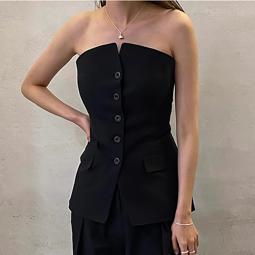 Fashion Designed Black Sleeveless Vest with Button