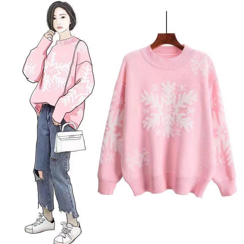 Christmas Snowflake High Neck Knitting Women Sweaters-Pink-One Size-Free Shipping at meselling99