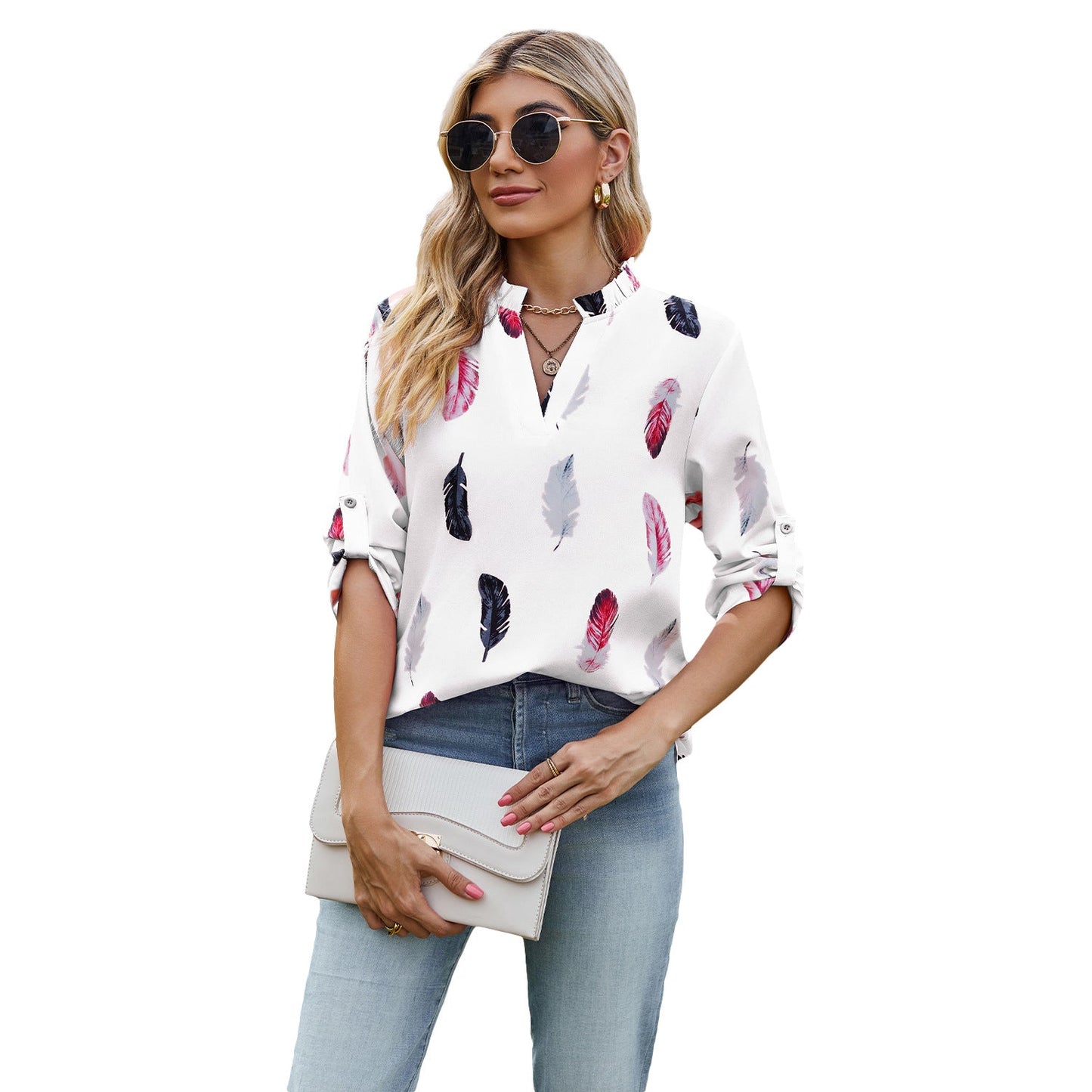 Casual Summer Feather Print 3/4 Sleeves Shirts