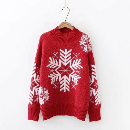 Christmas Snowflake High Neck Knitting Women Sweaters-Red-One Size-Free Shipping at meselling99