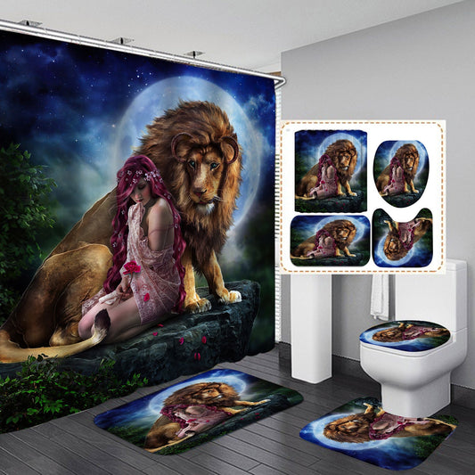 3D Lion Design Shower Curtain Bathroom SetsNon-Slip Toilet Lid Cover-Shower Curtain-180×180cm Shower Curtain Only-1-Free Shipping at meselling99