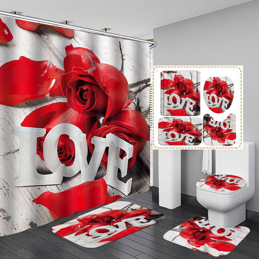 "Love" 3D Rose Design Shower Curtain Bathroom SetsNon-Slip Toilet Lid Cover-Shower Curtain-180×180cm Shower Curtain Only-1-Free Shipping at meselling99