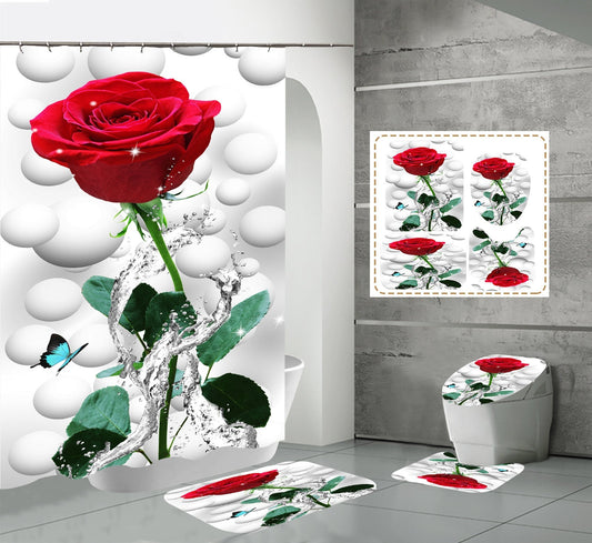 One 3D Flower Shower Curtain Set Bathroom Rug Bath Mat Non-Slip Toilet Lid Cover-Shower Curtains-A-Shower Curtain+3Pcs Mat-Free Shipping at meselling99