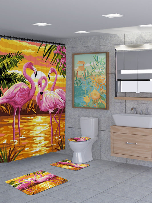 3D Flamingo Shower Curtain Set Bathroom Rug Bath Mat Non-Slip Toilet Lid Cover-Shower Curtains-A-Shower Curtain+3Pcs Mat-Free Shipping at meselling99